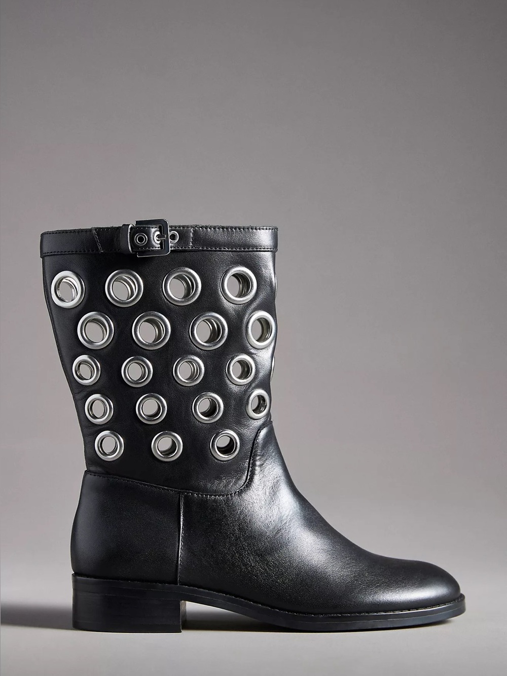 CECELIA NEW YORK Black Leather Mid-Calf Boot with Silver Eyelet Detail